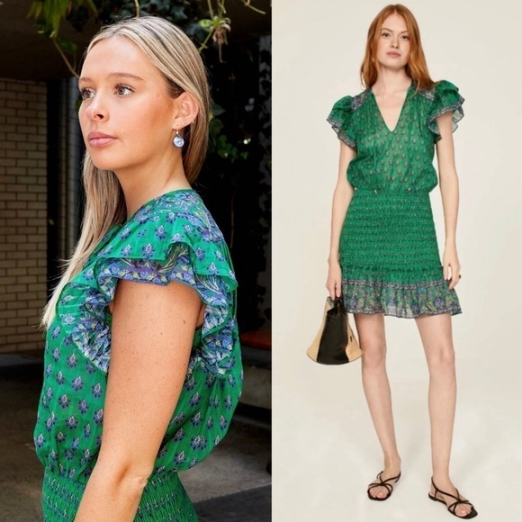 VERONICA BEARD Floral Paisley Smocked Flutter Short Sleeve Ruffled Mini Dress 8 - Picture 4 of 13